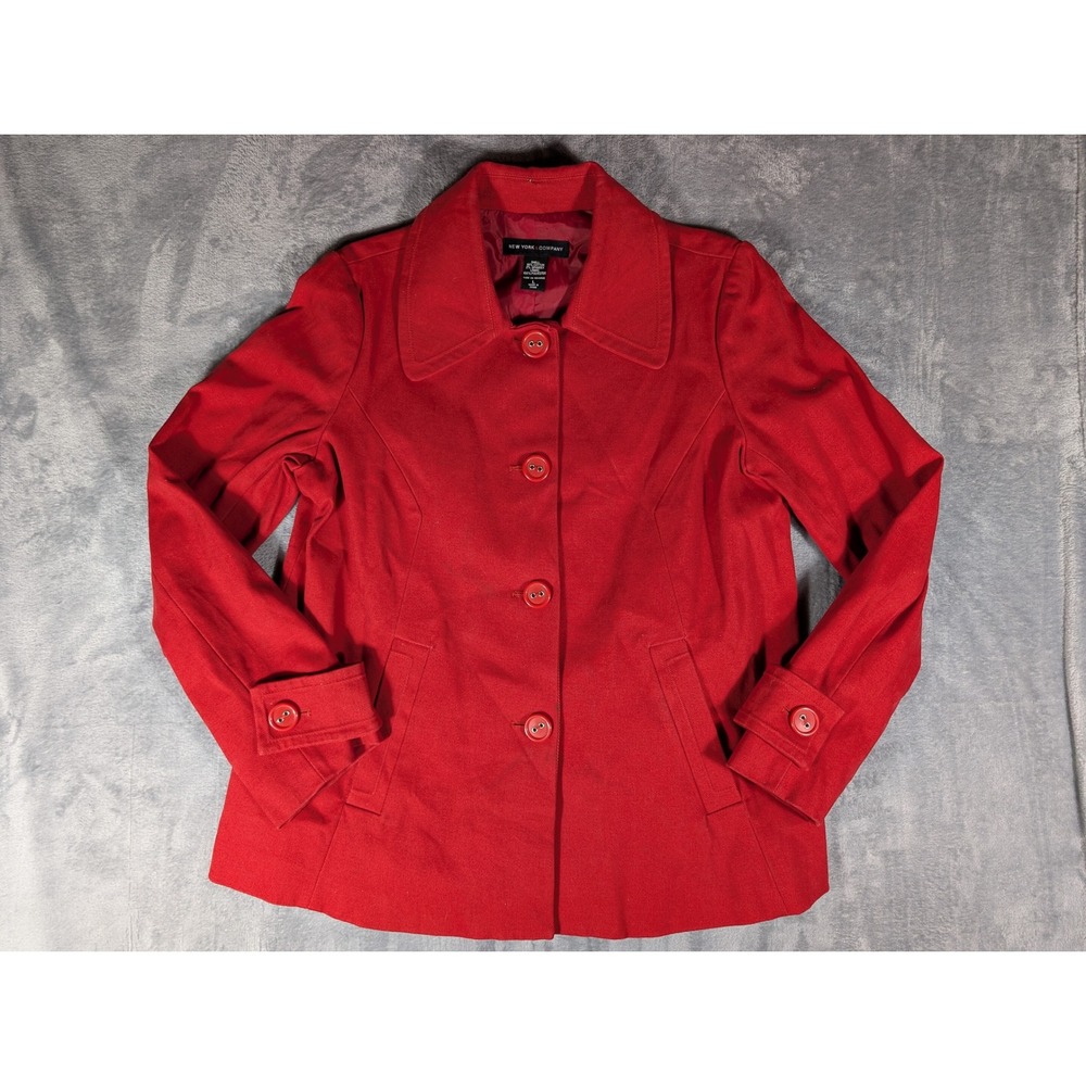 New‎ York & Company Red Peacoat Jacket Womens Large Cotton Stretch Twill Peacoat